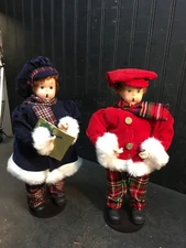 Vintage Plush 15in Dickens Christmas Caroler Singers Dolls Free Standing