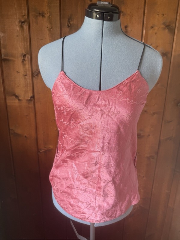 Victoria’s Secret pink silky night camisole w/black cording spaghetti strap Sz S