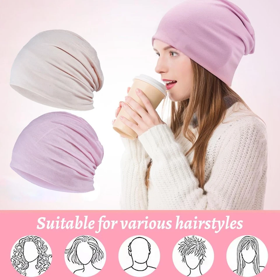 Turban Damen 2 Stück Beanie Chemo Kopfbedeckung Baumwolle Schlafmütze Pink Beige - Bild 4 von 4