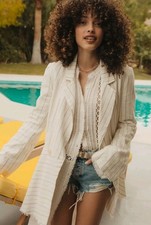 Free People Stella Double Breasted Fray Hem Stripe Linen Blazer in Off White S