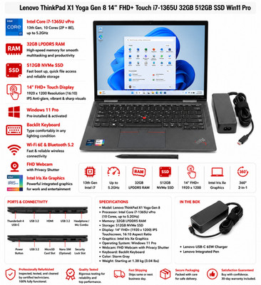 Lenovo ThinkPad X1 Yoga Gen 8 14'' FHD+ Touch i7-1365U 32GB RAM 512GB SSD Win11 P