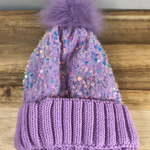 Justice Girls Purple Sequin Beanie Hat Sparkly Winter Knit Cap Youth Trendy - Picture 2 of 4