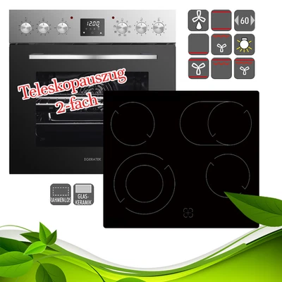 GERATEK Einbau Herdset Edelstahl Backofen Kochfeld Glaskeramik Grill Teleskopauszug NEU