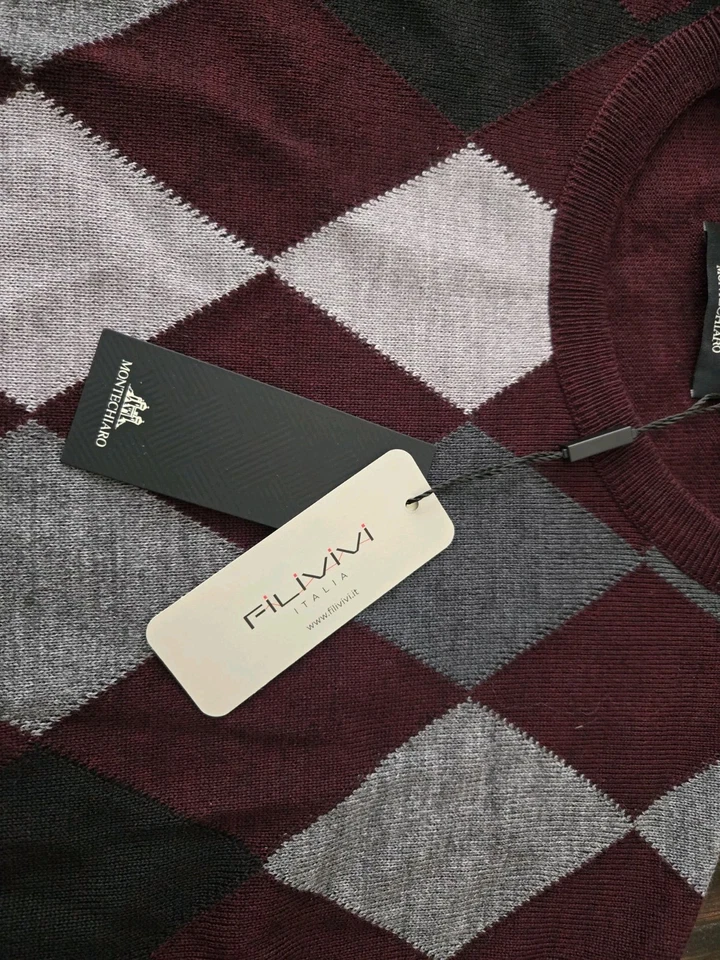 Suéter XL Montechiaro Filivi Italia Granate Gris Negro Blanco Argyle Para Hombre Nuevo con Etiquetas Foto 4 de 4