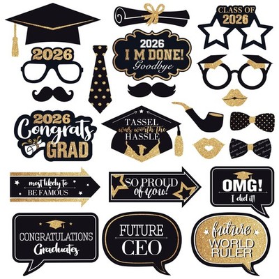 Graduation Photo Booth Props 2026 - Pack of 22 | Black and Gold Graduation Phot 