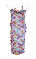 Lulus Dress Womens Small Blue Floral Ruched Mesh Bodycon Midi Spaghetti Strap