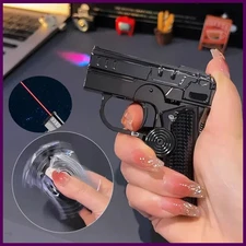 Metal Folding Gun Style Inflatable Lighter Windproof Butane Gas Jet Red Flame