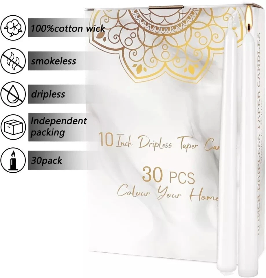 Paquete de 30 velas cónicas altas - 10 pulgadas blancas sin goteo sin perfume velas de cena NUEVO Foto 4 de 4