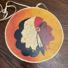 Vintage Native American Indian Beautiful Hand Painted Chief Animal Hide Drum