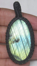 Natural Labradorite 108.45 Cts Oval Cotton Waxed Cord Macrame Pendant J 2292