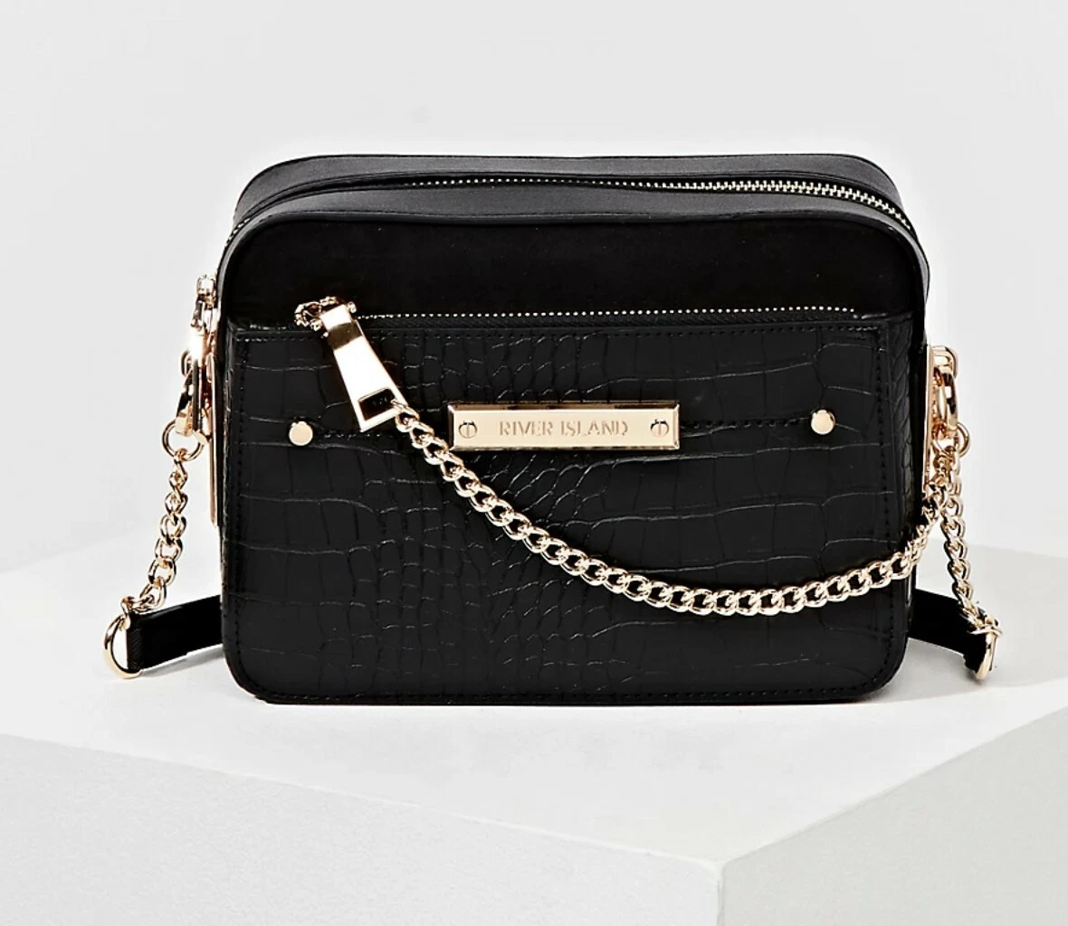 River Island Black Croc Embossed Cross Body Bag