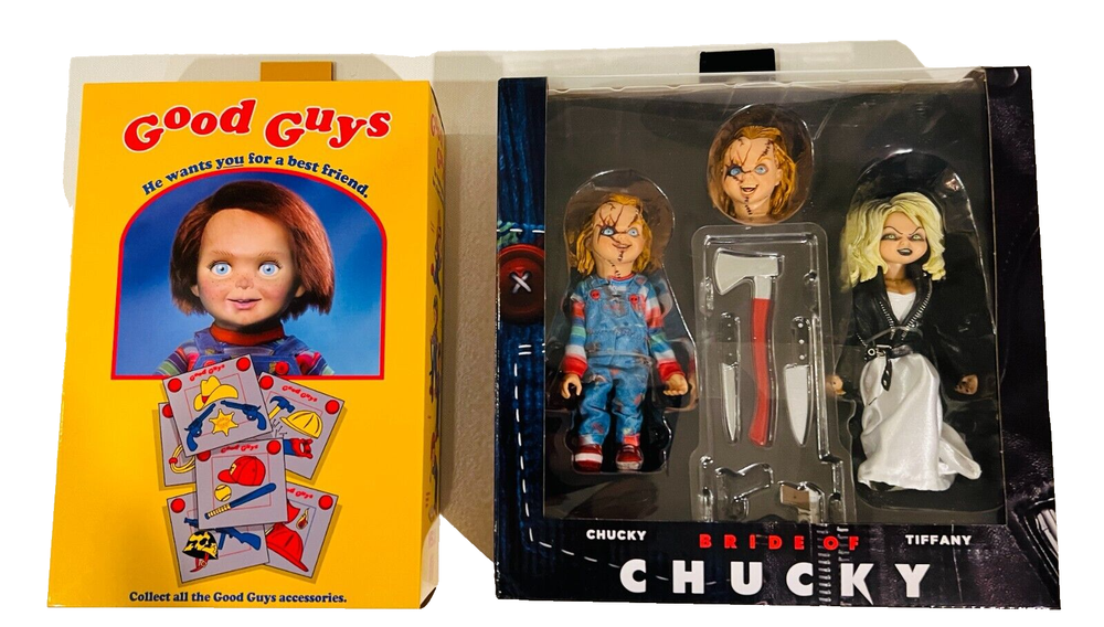2 NECA BRIDE OF CHUCKY TIFFANY / CHUCKY 2 PACK & ULTIMATE CHUCKY GOOD GUYS FIGS