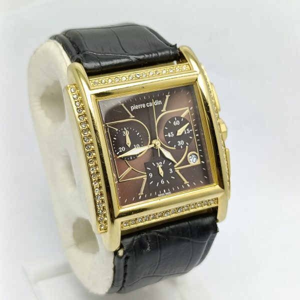 Vintage Pierre Cardin Gold Tank Watch with Black Dial and Diamond Markers Vintage Pierre Cardin Quartz Watch: Gold Tone, Black Leather  main image 3