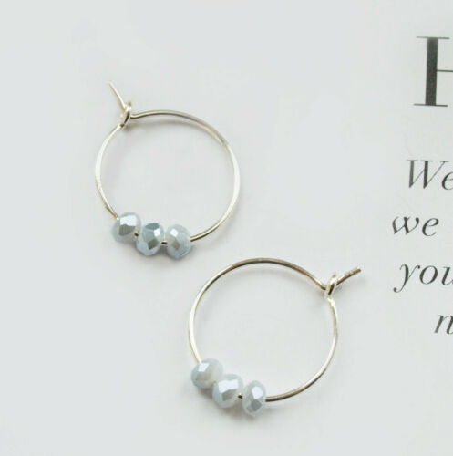 Small Sterling Silver Grey Bead Hoop Earrings - Dainty Wire Dangle Tiny Beaded - Picture 1 of 6