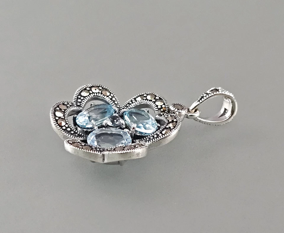 9923445 D'Argento Topazio Blu Marcasite Rimorchio Fiori 925er Argento 2,5 x - Immagine 2 di 3