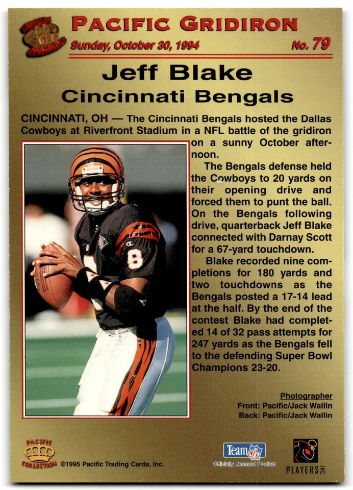 1995 Pacific Gridiron Jeff Blake RC Cincinnati Bengals #79 - Image 2 of 2