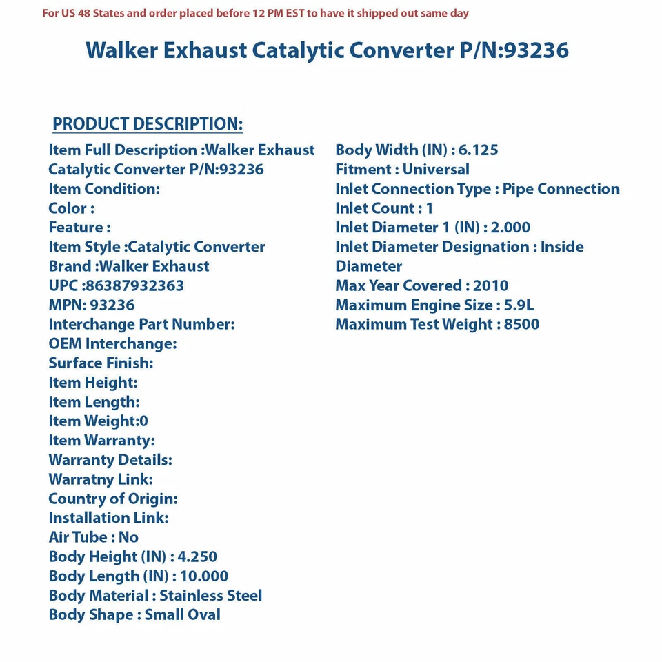 Convertidor Catalítico Escape Walker 93236 | Auto Pieza Alta Calidad, Ajuste Universal Foto 4 de 4