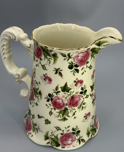 VTG Porcelain Boudoir Pitcher Beige Pink Cabbage Roses Fluted Bottom Handle - Picture 3 of 12