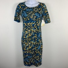 Lula Roe Womens Julia Dress sz XXS Blue Yellow Paisley Short Sleeve NEW