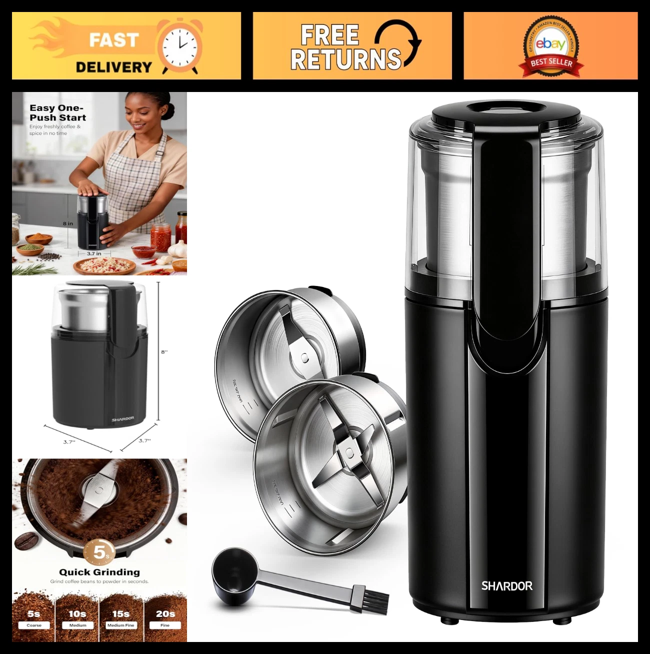 Electric Coffee Grinder for Beans, Spices & Herbs - 2 Stainless Steel Bowls, Bla