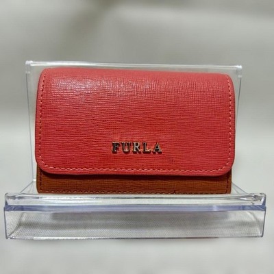 FURLA Bicolor Salmon Pink Beige Card Holder Business Card Case Used Japan