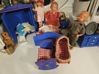 Puppenstube Möbel Schlafzimmer Puppen Zubehör Bett Holz Blau Puppen &Zubehör