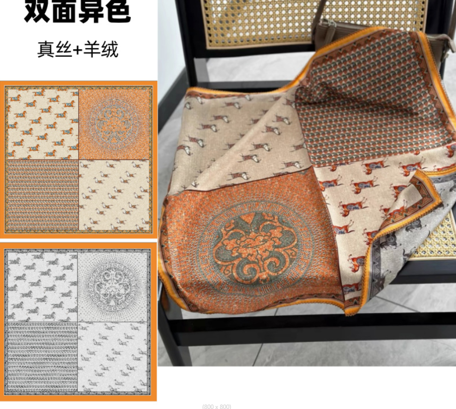 70% Cashmere 30% Silk Brown Horse Print Double-Sided Scarf Wrap 25 Inches