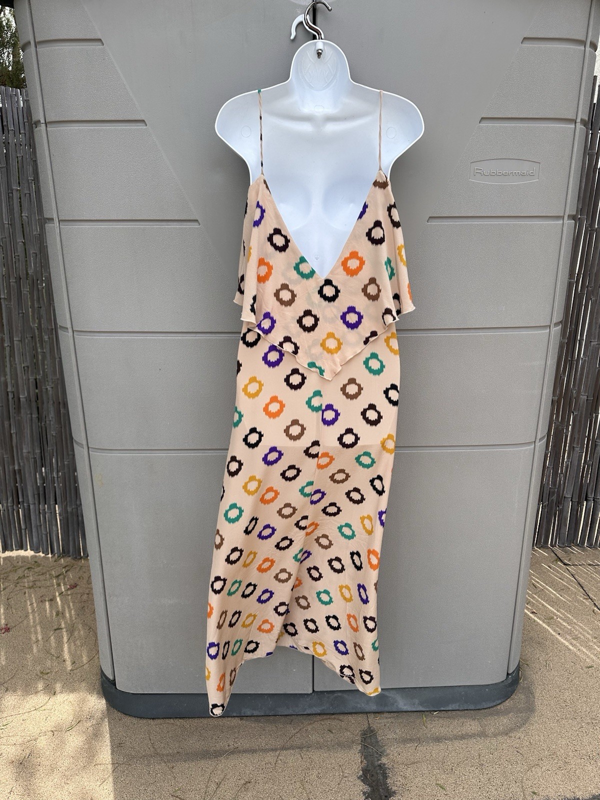 BLU MOON By PLANET BLUE Silk Maxi Slip Dress Ruffle Geo Print Sz S Vacation Y2K