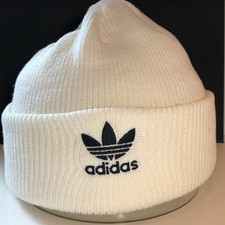 Adidas Beanie White Logo Embroider Rib Knit Hat One Size Run Athlete Winter EUC