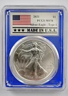 2021 $1 Type 1 American Silver Eagle PCGS MS70 FS Flag Label Blue Frame