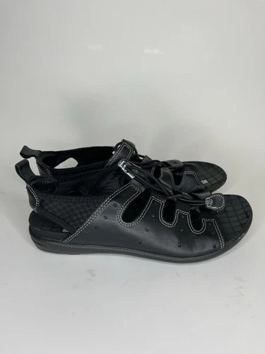 Ecco Sandals Lace Up Comfort Walking Sling Back Women Size 37 US 6 Black Leather