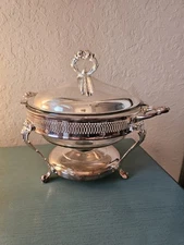Vintage Round SilverPlate Chaffing Dish W/Glass Insert, Lid & Sterno Holder, USA