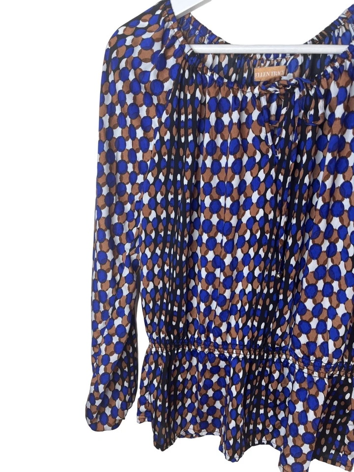 Blusa Ellen Tracy Mujer XS Marrón Azul Estampado Geométrico Manga Larga Trabajo Top Foto 3 de 4