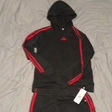 adidas Boys 2-Piece Tracksuit Set Hooded Hoodie Pants XL 18/20 Black/Red