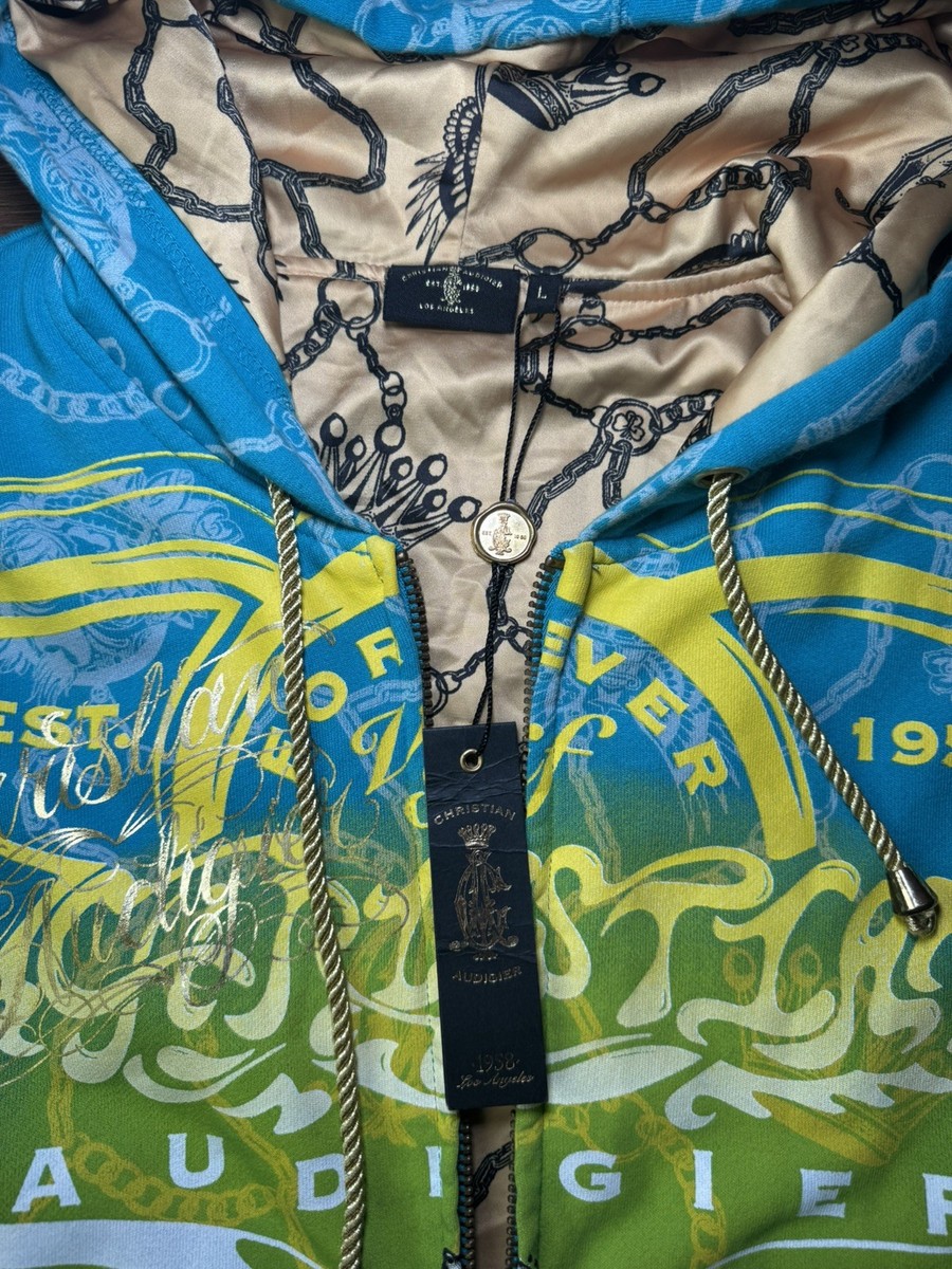 VTG Ed Hardy Christian Audigier Mens L Full Zip Hoodie Green Skull