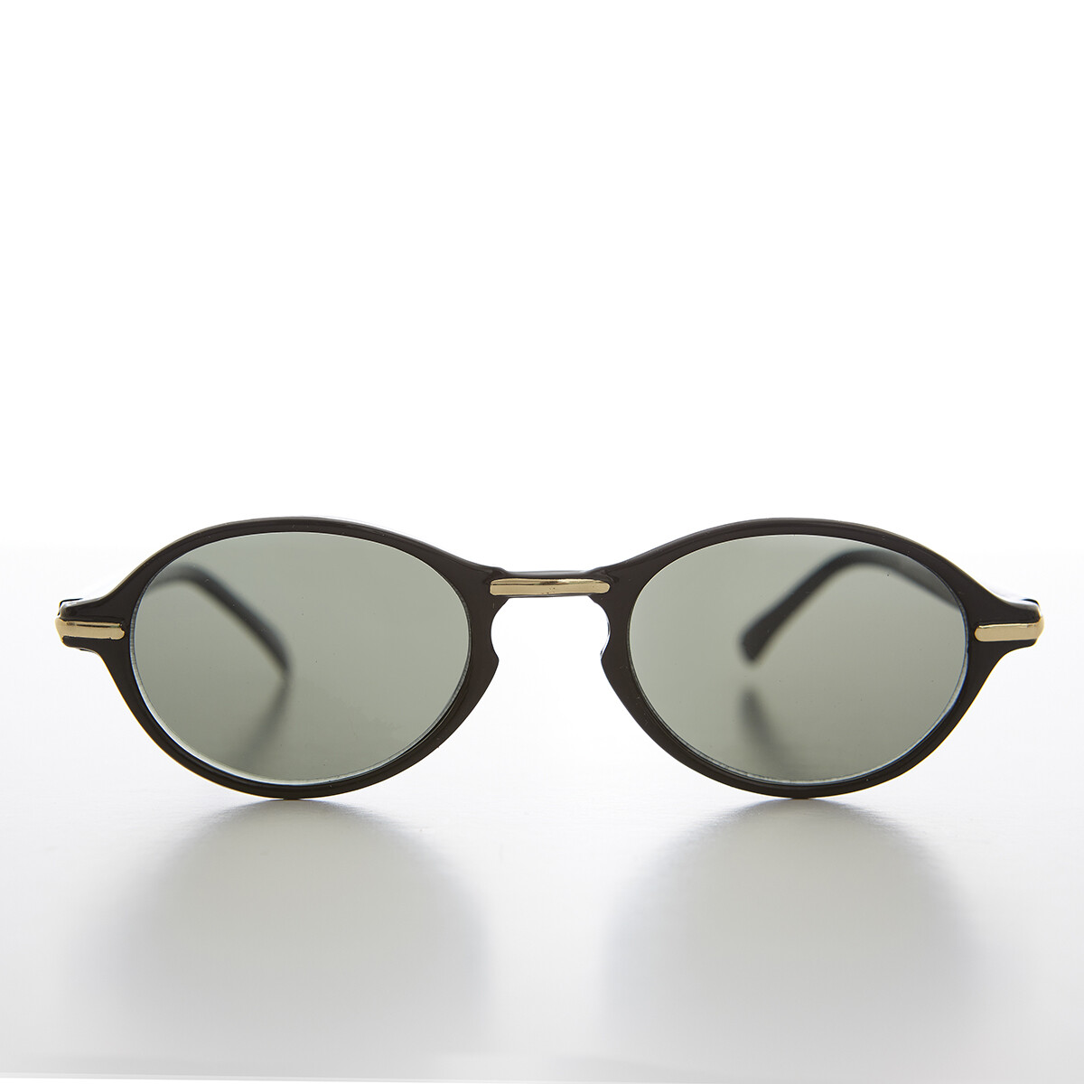 Black Oval Sunglass with Gold Accents Key Hole Bridge 