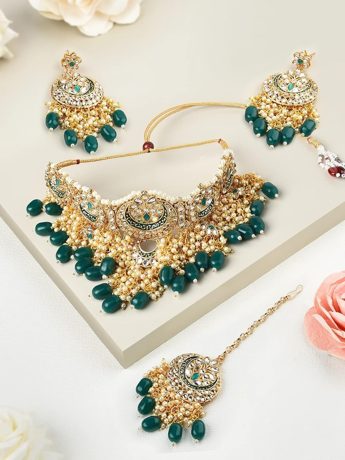 Buy OOMPH Green Stone Kundan Ethnic Choker Necklace With Drop Earrings And Maangtikka Set Of 3