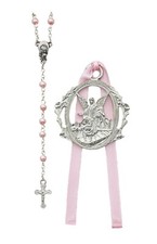 Guardian Angel Pink Crib Medal Girls Rosary Baptism Christening Nursery Decor