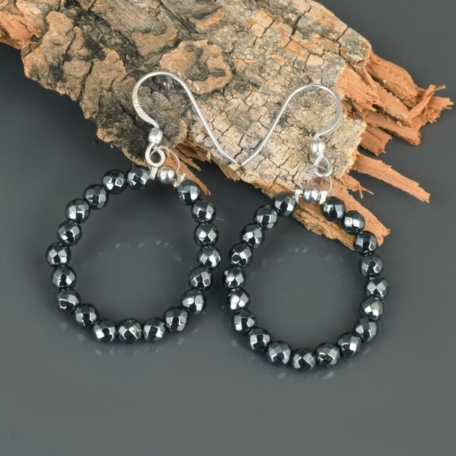 Naturel Hématite Perles Rondes 925 Argent Sterling Pendantes Earrings Jewelry