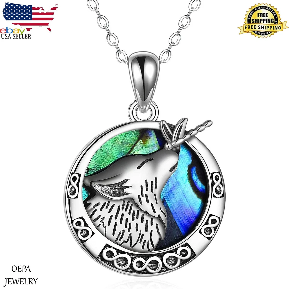 Wolf Necklace 925 Sterling Silver Abalone Shell Wolf and Dragonfly Necklace