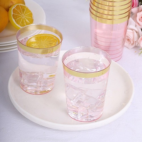25 Crystal BLUSH GOLD 10 oz Plastic CUPS Gold Rim Party Events Decorations - Picture 8 of 8