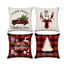 Set of 4 Pillow Covers 18x18, Christmas Theme Linen Fabric, Red Plaid Reindeer