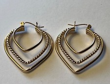 14K Yellow Gold Triple Heart Hoop Earrings, marked  14K 1-5/16  x 1 -1/4  