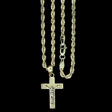 10K Yellow Gold Diamond Cut Jesus Crucifix Cross Pendant & 2mm Rope Chain