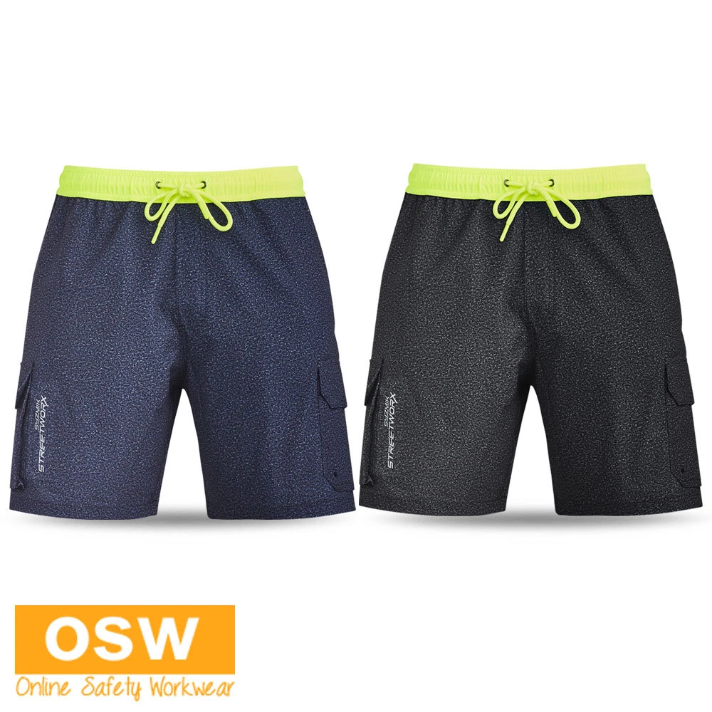 Mens Work Board Shorts - Stretchy Comfortable Grey Marle Navy Marle Yellow Panel