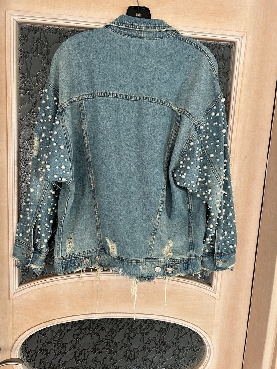 Sunset Spring Embellished Denim Jacket Women's XS Blue Button