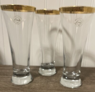 Vintage Pasabahce Circle Pilsner Glass 24k Gold Rim Beer Water  ~3~ Turkey MCM