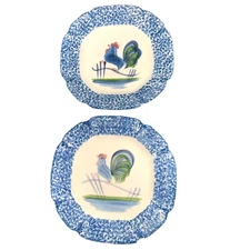 Set of 2 Los Angeles Potteries Blue Stipple with Rooster Salad Plate Spongeware