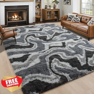 Noahas Large Grey Fluffy 5x8 Area Rug Shag Thick Non-Slip Plush