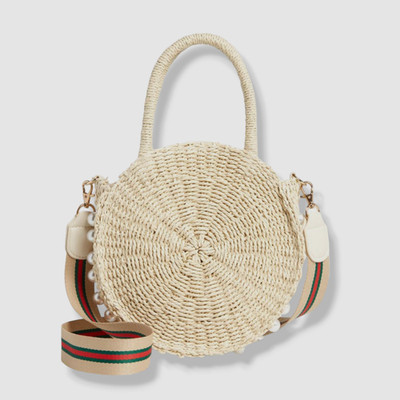 $139 BTB Los Angeles Womens Beige Mia Straw Pearls Crossbody Top Handle Bag